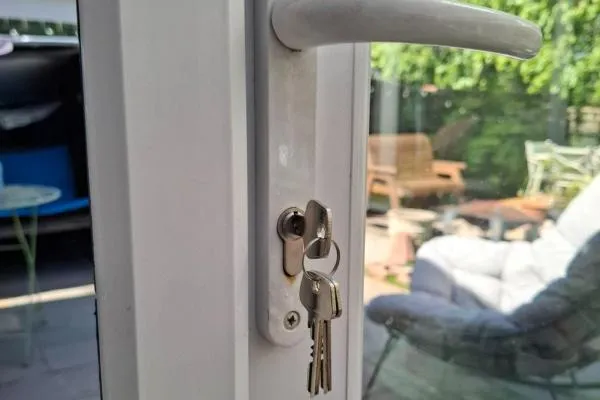 Keys in a uPVC door lock following an emergency locksmith call-out in Rushden.