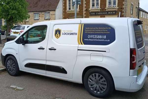 The Parish Locksmith van parked near The Carriage House in Higham Ferrers.